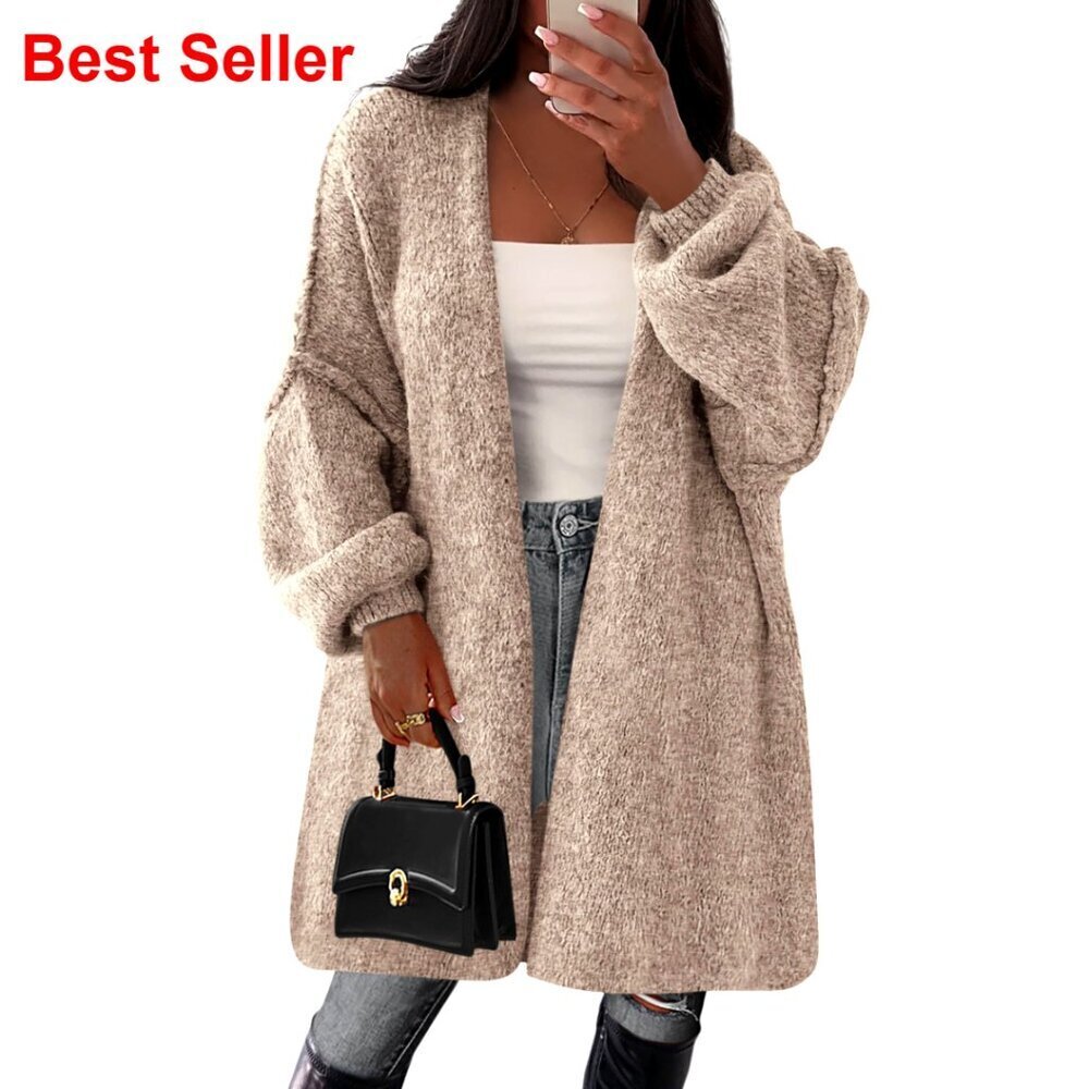 Oversized Long Cardigan Sweater, Drop Shoulder, Open Front, Mid-Thigh Length